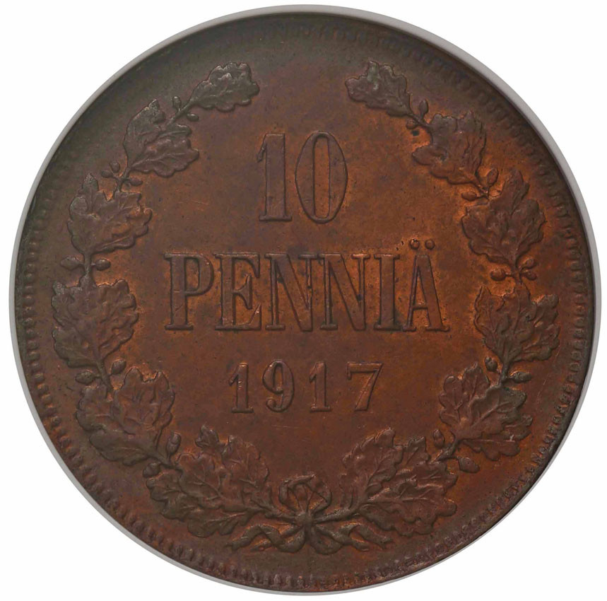 Rosja / Finlandia. Mikołaj II. 10 Penni, 1917 NGC MS62